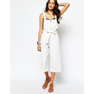 Free People Womens Wide Barrel Leg Zip Front Cropped White Denim Overalls Size M
